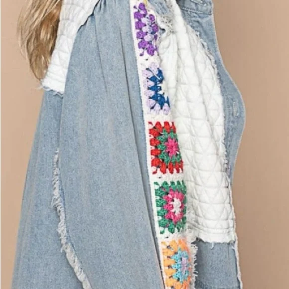 NWT POL Women's Colorful Patchwork Jean Jacket with Granny Square Sleeves - Picture 5 of 9
